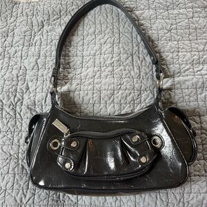 Black Patent Shoulder Bag with Front Pocket - Unbranded